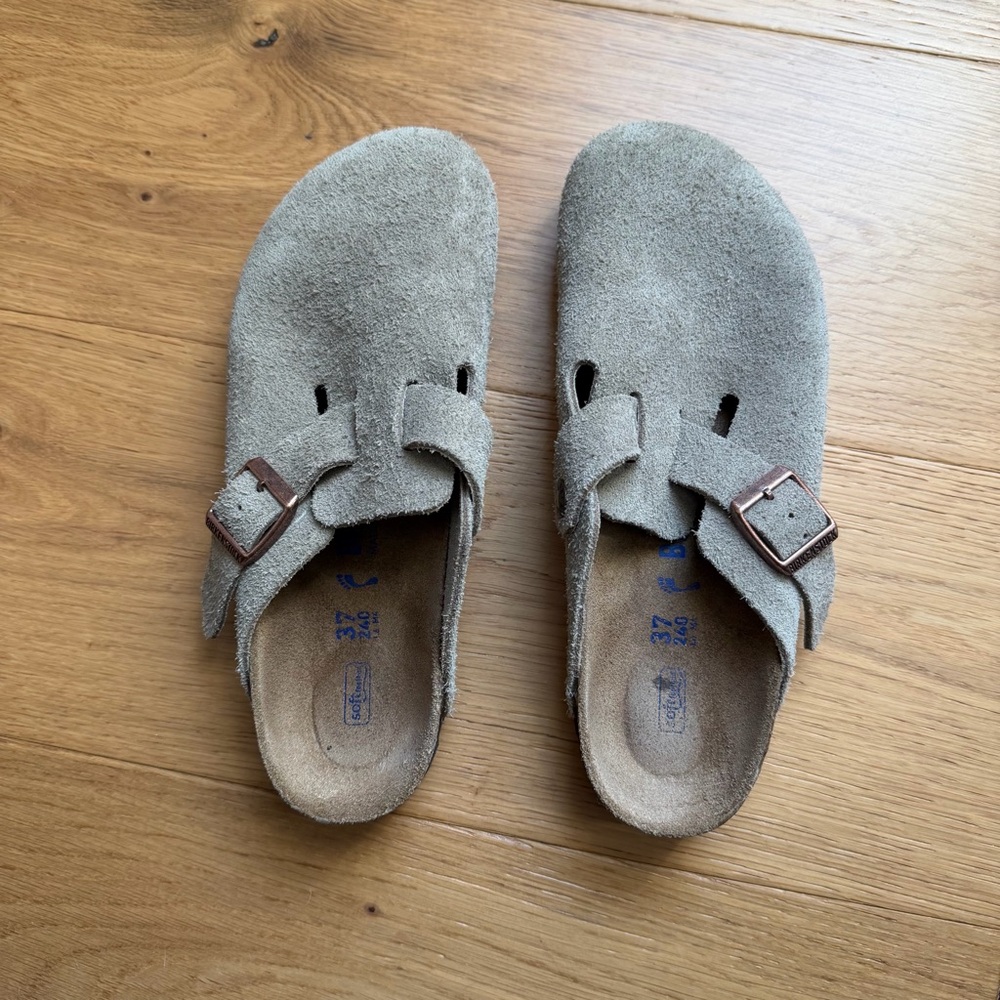 Birkenstock Boston Clogs Mules Slides Soft Footbed Suede Taupe Leather 37